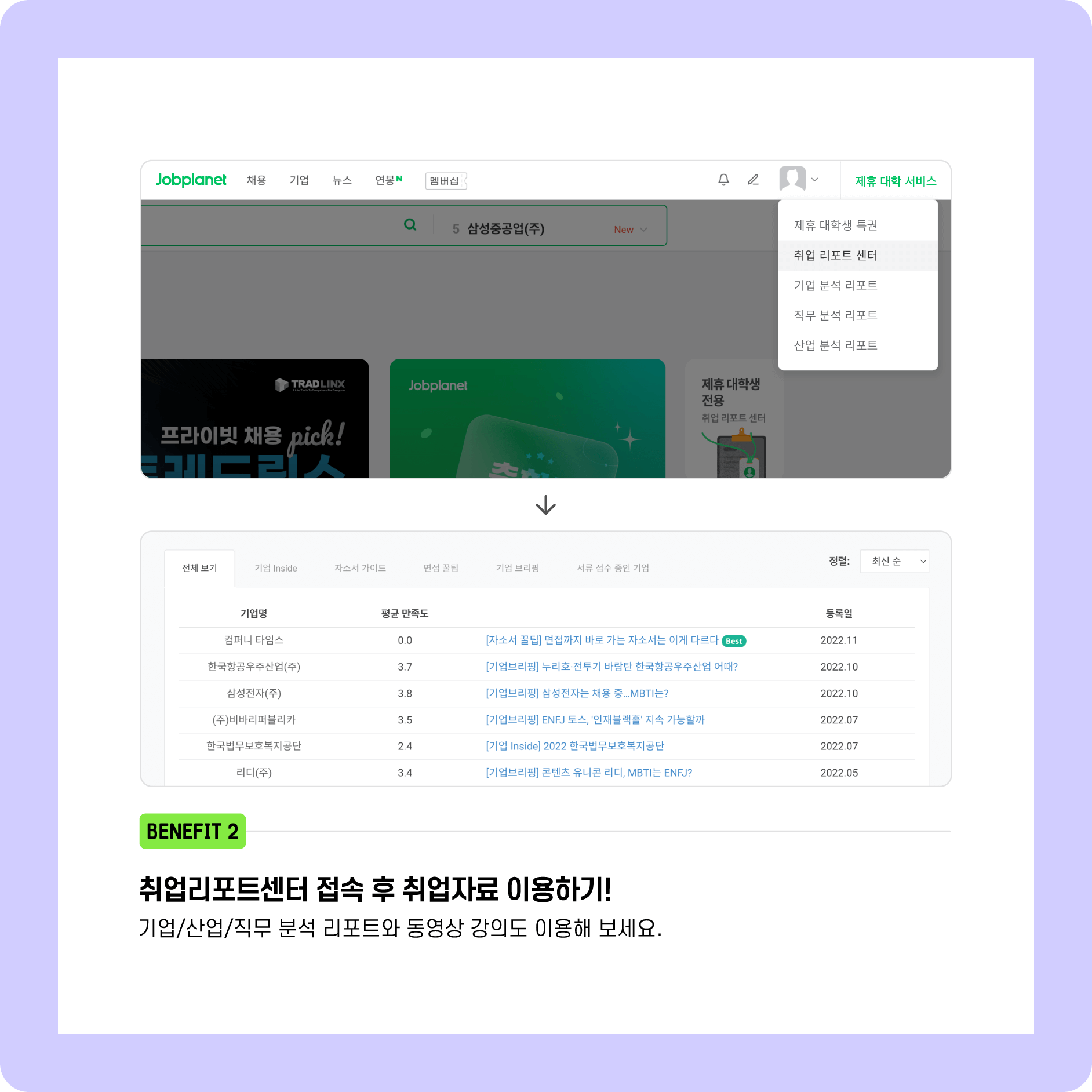 혜택2 : 취업리포트센터 접속 후 취업자료 이용하기. 기업/산업/직무 분석 리포트와 동영상 강의도 이용 가능.
